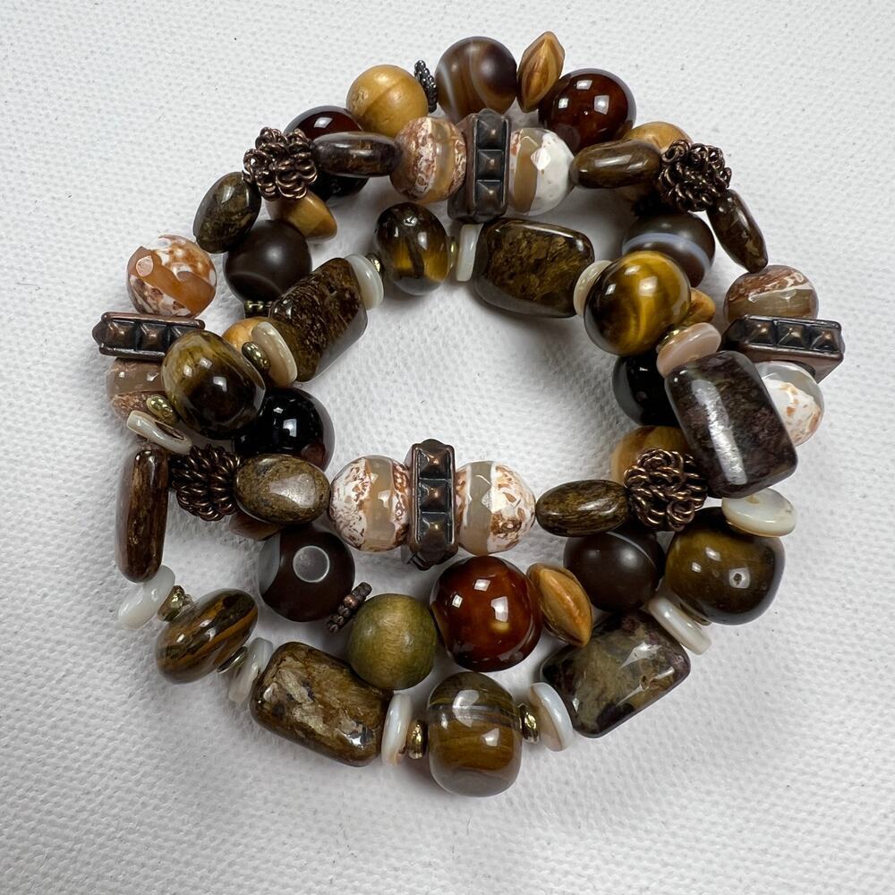 Handmade Beaded Bracelet Trio Chunky Brown Earth Tones Mixed Metals Wood